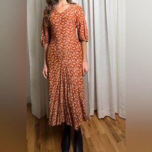 Vintage Carrano floral midi dress orange red quarter sleeve v-neck